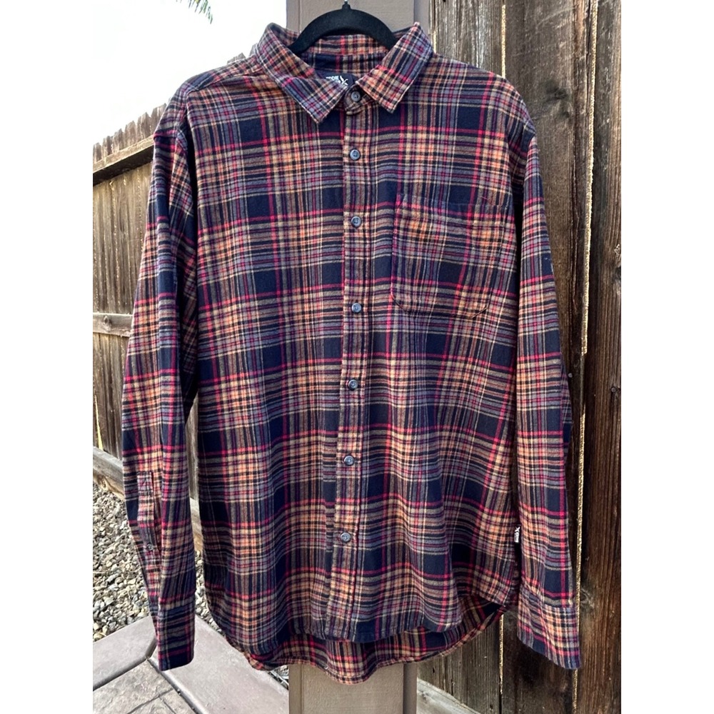 Eddie Bauer Mens XL Plaid Flannel Shirt 100% Cotton Navy Red Tan Button Down